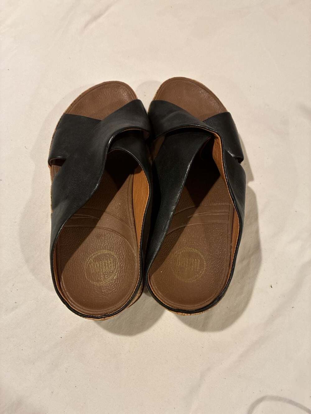 FitFlop Women's Black Leather Cross Slide Wedge Sandals - Picture 2 of 4